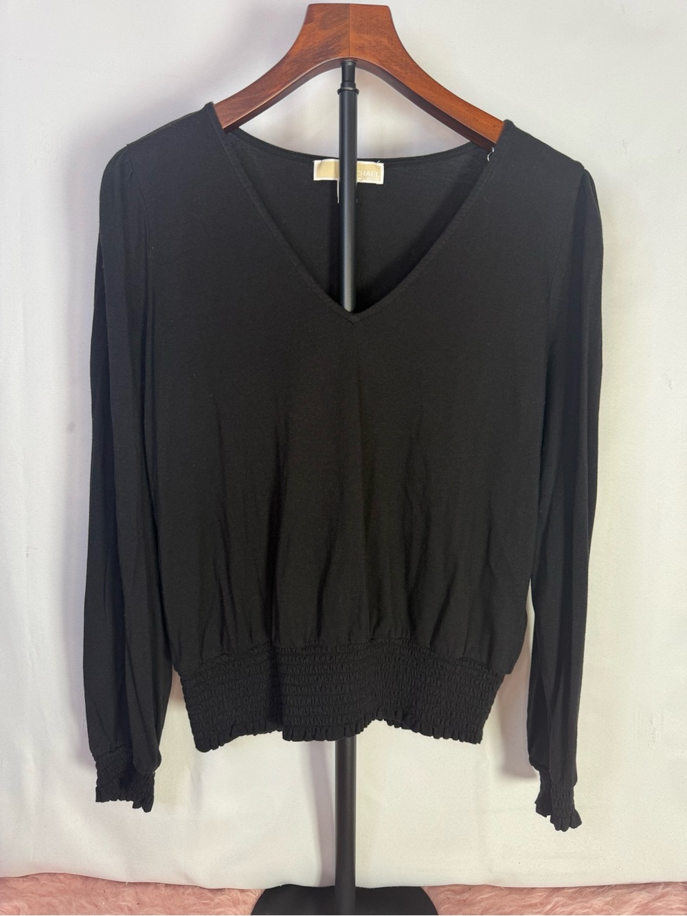 Michael Kors - Women's Black V-Neck Long Sleeve Smocked-Waist Top - Size M